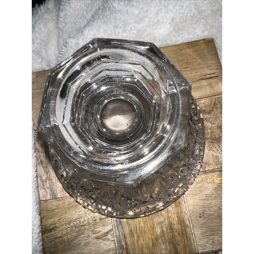 Vintage cut glass pedestal bowl, likely used as a candy dish or compote.